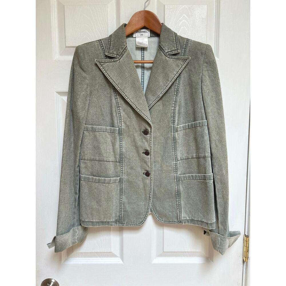 Vintage 2002 Chanel Padded Shoulder Single Breasted Gray Denim Blazer